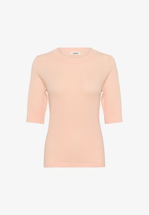 Šviesiai rožinė raukšlėta mezginio megztinė su apvalia iškirpte ir trumpomis rankovėmis, turinti prigludusį dizainą ir subtilią tekstūrą. Logotipo etiketė iškirptėje.