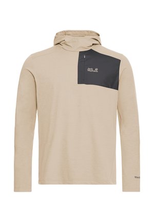 Beige hoodie met lange mouwen, voorzien van een zwart borstzakje, ritssluiting en logo; gemaakt van lichtgewicht, textuurrijke stof.