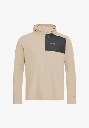 Beige hoodie met lange mouwen, voorzien van een zwart borstzakje, ritssluiting en logo; gemaakt van lichtgewicht, textuurrijke stof.