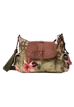 Sac d'épaule en toile avec imprimé floral, rabat en cuir marron avec motif de feuille embossé et bandoulière tissée réglable.