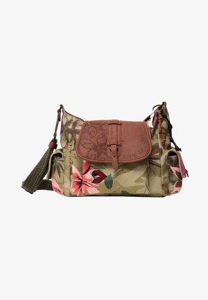 Sac d'épaule en toile avec imprimé floral, rabat en cuir marron avec motif de feuille embossé et bandoulière tissée réglable.