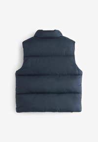 Gilet imbottito blu navy con collo alto, design senza maniche e texture trapuntata. Presenta tre sezioni orizzontali per l'isolamento.