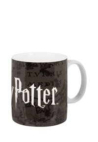 Mug in ceramica bianca con il logo "Harry Potter" in testo bianco. Sfondo nero con motivi scuri e sfumati e testo. Manico sul lato.