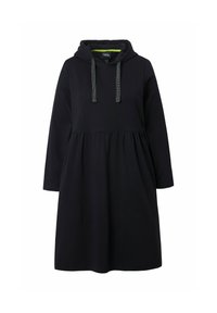 Schwarzes Kleid mit Kapuze und langen Ärmeln, das eine geraffte Taille hat. Texturierte Kordelzüge und eine grüne Innenauskleidung sind sichtbar.
