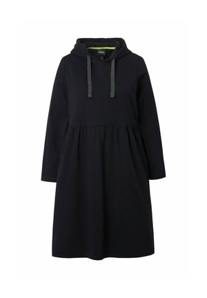 Black dress with a hood and long sleeves, featuring a gathered waistline. Textured drawstrings and a green interior lining are visible.