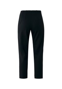 Svarta skräddarsydda byxor i en smidig tygkvalitet, med hög midja, dekorativa veck och kort längd. Enkel design utan ytterligare mönster.