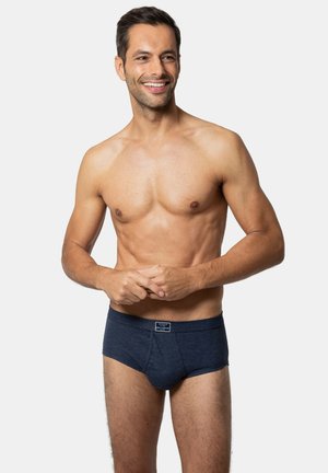 Dunkelblaue, gestreifte Herrenunterhosen mit einem Logo-Bund, aus einem weichen Material gefertigt, mit einer enganliegenden Passform und kurzer Beinabdeckung.