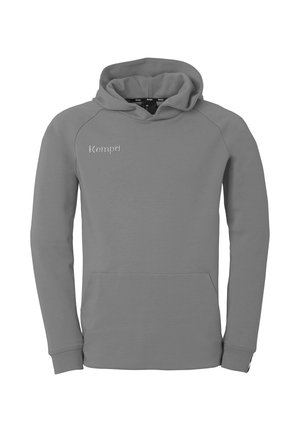Sweat à capuche gris avec poche kangourou devant et logo « Kempa » sur le haut gauche de la poitrine, manches longues et poignets côtelés.
