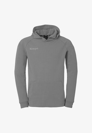 Felpa grigia con cappuccio, tasca frontale a marsupio e logo "Kempa" sul petto superiore sinistro, maniche lunghe e polsini a coste.