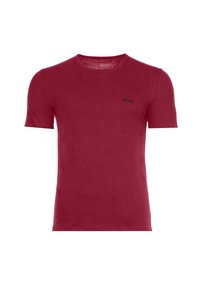 Rotes Baumwoll-T-Shirt mit kurzen Ärmeln, Rundhalsausschnitt und kleinem schwarzen "BOSS"-Logo auf der linken Brust. Glatte Textur und figurbetontes Design.