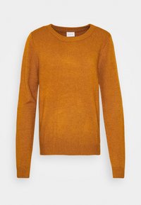 Maglione arancione lavorato a maglia con scollo a girocollo, maniche lunghe e polsini e orlo a coste. Tessuto morbido con una leggera lucentezza, senza fantasie o dettagli decorativi.