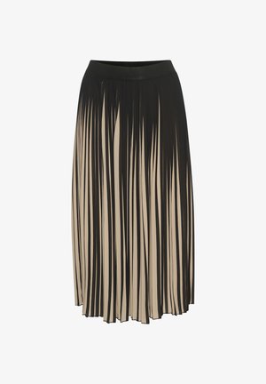 Plisowana spódnica midi w kolorze czarnym i beżowym z wysokim, elastycznym pasem, z pionowymi paskami i swobodnym krojem, który umożliwia ruch.