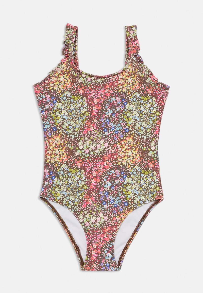 Μονόχρωμο μαγιό με ρυάκια, διακοσμημένο με ανθισμένα σχέδια σε ροζ, μπλε και λευκό σε καφέ φόντο με λευκή επένδυση.