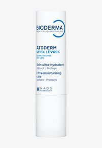 Baume à lèvres Bioderma Atoderm dans un tube cylindrique blanc avec texte bleu. Formule hydratante pour les lèvres sèches. Design compact et fonctionnel.