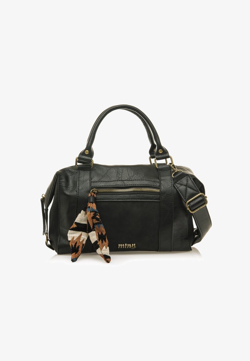 Sac à main en cuir noir avec double poignée, bandoulière réglable, côtés matelassés, poche zippée à l'avant et pompon décoratif en motif.