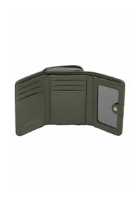 Zielony skórzany portfel z zamknięciem na zamek, wieloma przegródkami na karty, przezroczystą kieszenią na dowód tożsamości oraz ozdobnym przeszyciem na całej powierzchni.