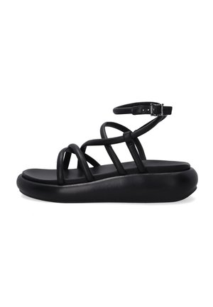 Black leather sandals with multiple straps, featuring a padded sole and a buckle ankle strap. Smooth texture, low-profile design.