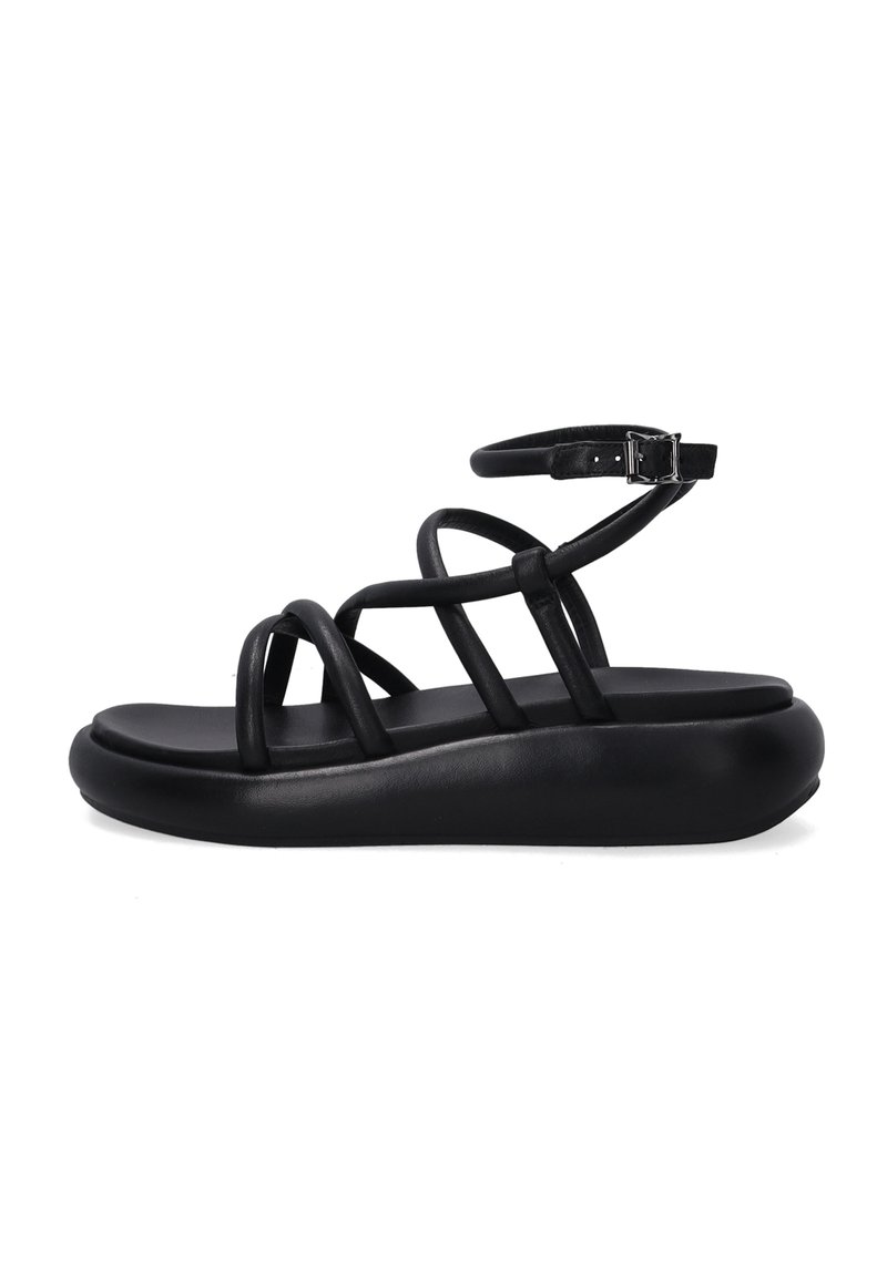 Schwarze Leder-Sandalen mit mehreren Riemen, ausgestattet mit einer gepolsterten Sohle und einem Schnallenknöchelriemen. Glatte Textur, flaches Design.