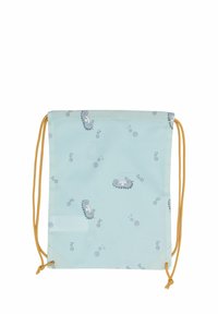 Vaaleansininen nyöripussi, jossa on merihevosen ja kuplakuviot, ja keltaiset narut sekä sileä kankainen viimeistely.