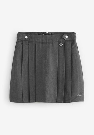 Fustă plisată de culoare gri închis, cu o bandă în talie, nasturi argintii și un mic pandantiv în formă de inimă. Fabricată dintr-un material cu o textură netedă.