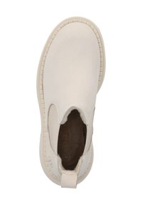 Zapatilla blanca sin cordones con parte superior de cuero liso, puntera redondeada, paneles laterales elásticos y suela de goma texturizada. Diseño minimalista, sin patrones.