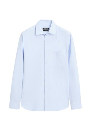 Hellblaues Hemd mit Knöpfen aus glattem Stoff. Verfügt über lange Ärmel, einen klassischen Kragen und eine linke Brusttasche. Schlichtes Design ohne Muster.