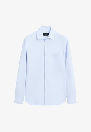 Hellblaues Hemd mit Knöpfen aus glattem Stoff. Verfügt über lange Ärmel, einen klassischen Kragen und eine linke Brusttasche. Schlichtes Design ohne Muster.