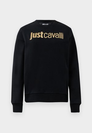Must mustaheline sweatshirt, millel on kuldsed sädelused "Just Cavalli" tekst rinnal, ribakudumisega mansetid ja äär ning ümar kaelus.