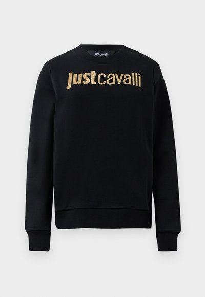 Sweat-shirt à manches longues noir avec le texte doré pailleté "Just Cavalli" sur la poitrine, poignets et ourlet côtelés, col rond.