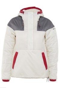 Veste d’hiver isolée blanche et grise avec des accents rouges, capuche avec cordons, boutons-pression à l’avant et deux poches avant.