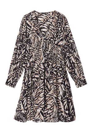 Robe noire avec un motif de feuilles vif en crème, beige et marron. Dotée de manches longues et d'un corsage ajusté avec un taille froncée. Tissu doux.