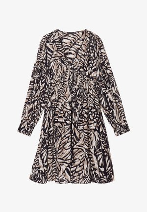 Robe noire avec un motif de feuilles vif en crème, beige et marron. Dotée de manches longues et d'un corsage ajusté avec un taille froncée. Tissu doux.