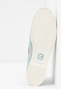 Semelle d'une basket bleu clair avec semelle en caoutchouc blanche à motif en zigzag, taille 37, et un logo circulaire avec une croix à l'intérieur.