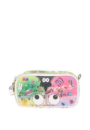 Trousse rectangulaire colorée avec des yeux de dessin animé, un personnage fermeture éclair, un signe de la main de la paix et divers autocollants et symboles ludiques sur le devant.