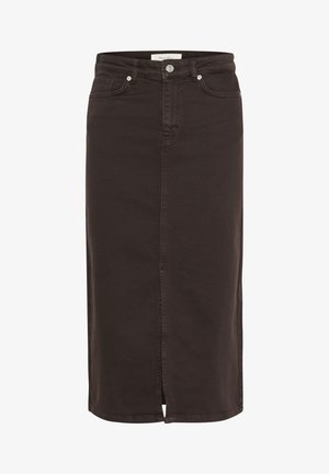 Falda midi de mezclilla marrón oscuro con una abertura frontal, cintura estándar, trabillas para cinturón y cierre de botón metálico con un diseño clásico de cinco bolsillos.