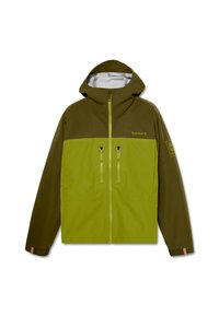Chaqueta verde y marrón con capucha, que cuenta con bolsillos frontales con cremallera, un bajo curvado y acentos de logo en el pecho y la manga.