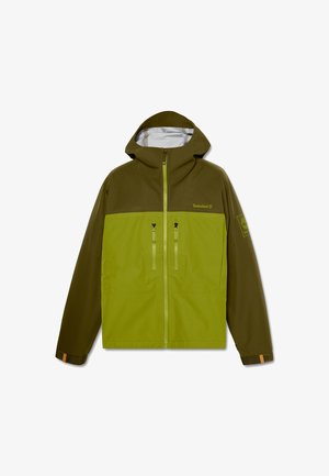 Chaqueta verde y marrón con capucha, que cuenta con bolsillos frontales con cremallera, un bajo curvado y acentos de logo en el pecho y la manga.