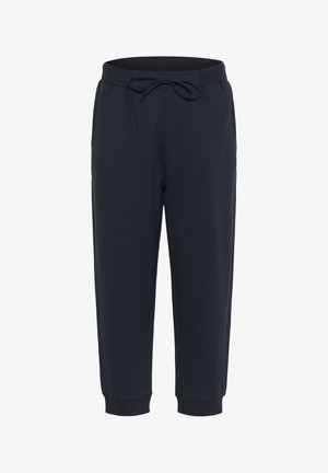 Pantaloni de trening bleumarin dintr-un material moale, cu un talie elastică și șnur, picior tăiat conic și manșete ribbate la glezne.