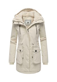 Beige vinterjacka med en fuskpälsfodrad huva, två dragkedjefickor och två framfickor med klaff. Har justerbar dragsko och ribbade ärmslut.