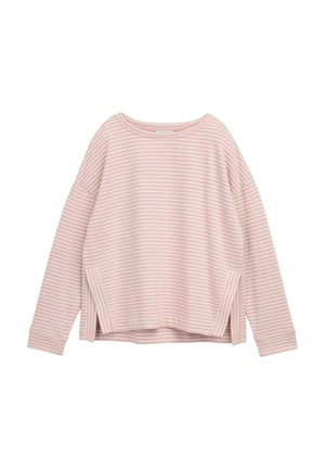 Haut à manches longues rayé rose avec un large col, des fentes sur les côtés et des poignets côtelés. Fabriqué à partir d'un tissu doux et léger.