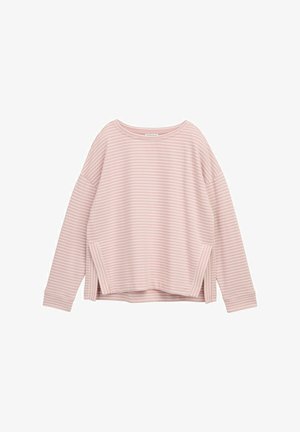 Roosa triibuline pika varrukaga topp laia kaelusega, külgsaiade ja soonikkoes mansettidega. Valmistatud pehmest ja kergest kangast.