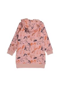 Kapuzensweatshirt aus weichem pinkem Stoff mit einem wiederholten Muster aus schwarzen und orangen Pferden. Die Bündchen und der Saum sind einfarbig pink.