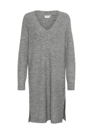 Robe en tricot gris avec un col en V, des manches longues, une texture côtelée et des fentes latérales pour faciliter le mouvement. Fini en tissu doux.