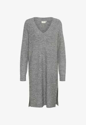 Robe en tricot gris avec un col en V, des manches longues, une texture côtelée et des fentes latérales pour faciliter le mouvement. Fini en tissu doux.