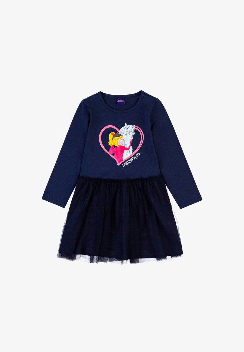 Robe bleu marine à manches longues avec jupe en tulle noire et illustration d'une fille qui serre un cheval blanc dans un cœur rose, texte "Lieblingspferd".
