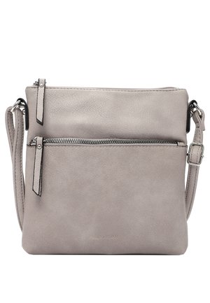 Gray leather crossbody bag with a smooth texture, adjustable strap, top zipper closure, and an exterior zip pocket.