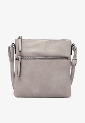 Grau lederne Umhängetasche mit glatter Textur, verstellbarem Riemen, Reißverschluss oben und einer äußeren Reißverschlusstasche.