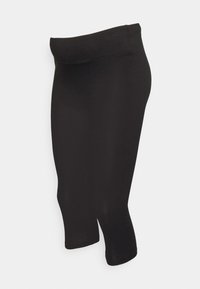 Leggings capri pretos com uma cintura larga e suave, pernas ajustadas, e um tecido macio e elástico. Design simples sem logótipos ou padrões visíveis.