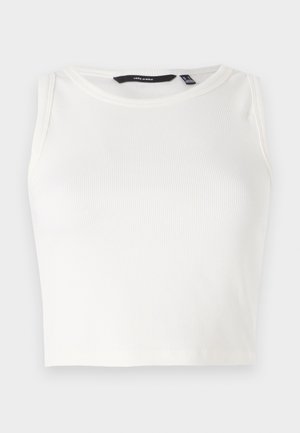 Valge ribadega ilma varrukateta top, ümarate kaelustega. Kanga välimus on pehme ja veniv, ilma nähtavate kaunistuste või mustriteta.