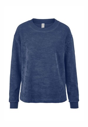 Navy blue pullover sweatshirt made of soft fabric, featuring a round neckline, long sleeves, and ribbed cuffs and hem.